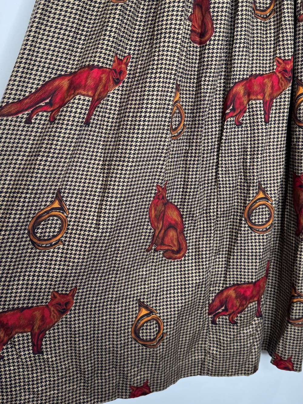 Vintage Fox Print Houndstooth twee Midi Skirt Equestrian Academia sz 14 - Picture 4 of 8
